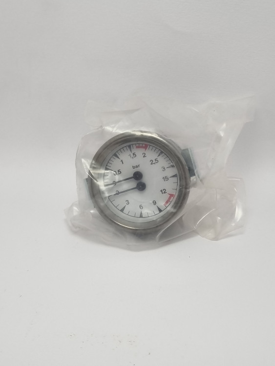 نمای جانبی گیج فشار بیزرا با بدنه فلزی و صفحه مدرج دقیق»