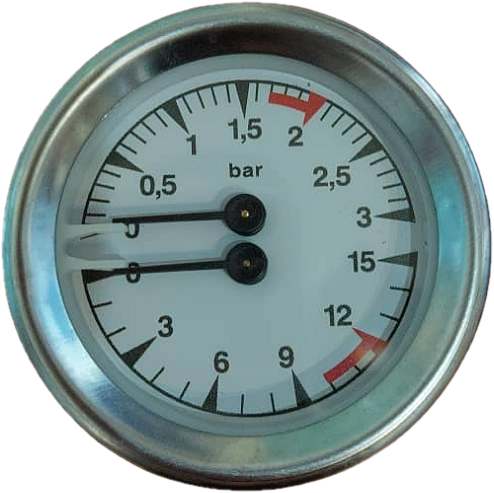 مانومتر (گیج فشار) بویلر دو عقربه، با رنج اندازه‌گیری 0-3 بار و 0-16 بار، اورجینال فائما (Faema)